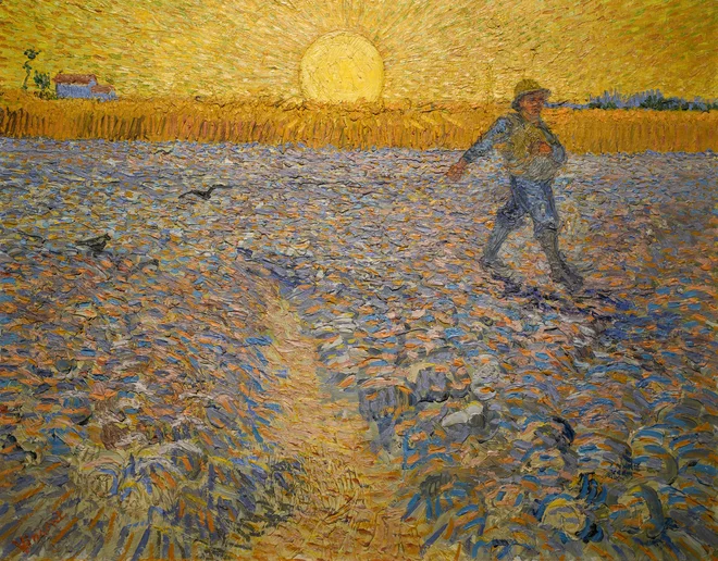 Motiva sejalca, ki je v umetnosti 19. stoletja pogost, se je van Gogh v Arlesu leta 1888 lotil na inovativen način, z žarečimi barvami in kontrasti ter gostim, skoraj reliefnim nanašanjem barv. Dominantno vlogo na kompoziciji, ki je v zbirki Muzeja Kröller-Müller, je namenil soncu. FOTO: Wikipedia