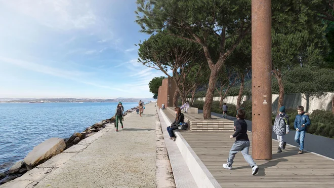 Tako bo urejeno obeležje na rtu Rex, kjer bo interpretacijski center o potopljeni legendarni ladji. FOTO: Landstudio015