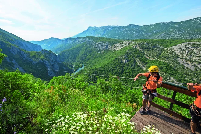 Omis, Croatia - May 31, 2017Zip line at Canyon of Cetina River near Omis, Croatia