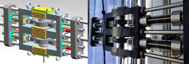 Računalniški model elastokalorične hladilne/grelne naprave (levo) ter slika naprave med mehanskim testiranjem (desno) FOTO: Jaka Tušek

 