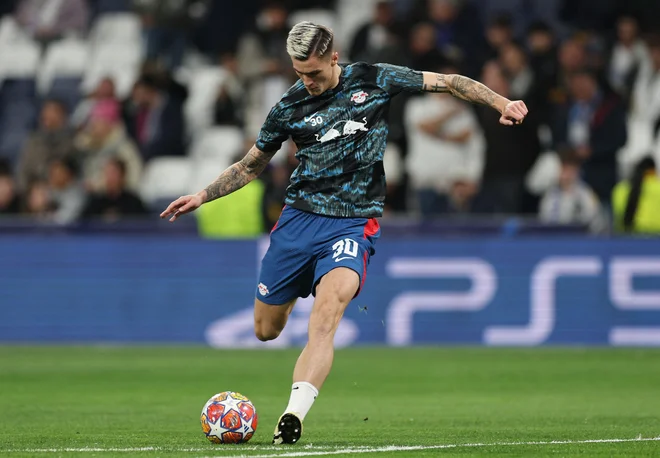 Benjamin Šeško je bil nevaren za vrata Real Madrida. FOTO: Violeta Santos Moura/Reuters