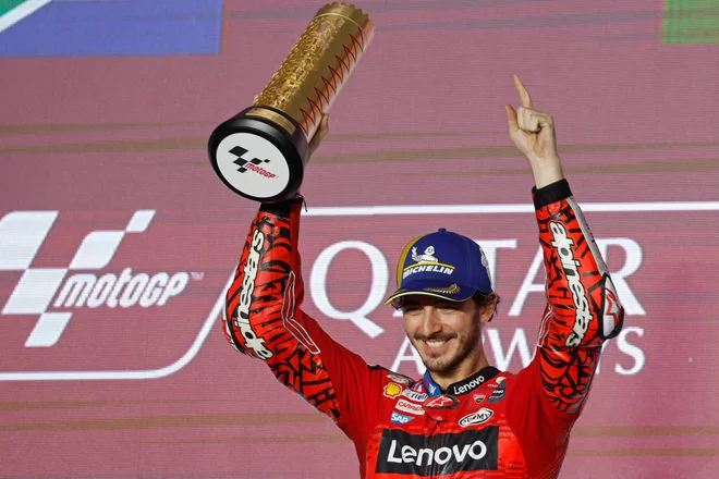 Francesco Bagnaia se je veselil zmage. FOTO: Karim Jaafar/AFP