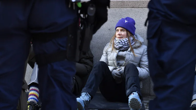 Danes zjutraj sta dva policista »na silo« dvignila podnebno aktivistko Greto Thunberg in jo odnesla stran od vrat švedskega parlamenta. FOTO: Samuel Steen/AFP