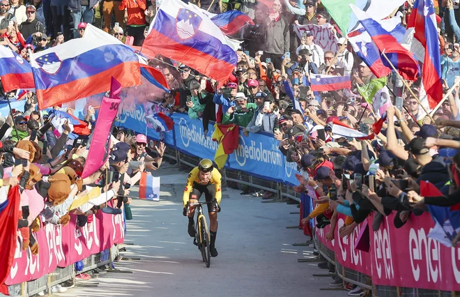 Lanska predzadnja etapa na Višarjah, kjer je v boju za rožnato majico Primož Roglič ugnal Gerainta Thomasa, je bila eden največjih slovenskih športnih praznikov. FOTO: Jože Suhadolnik/Delo