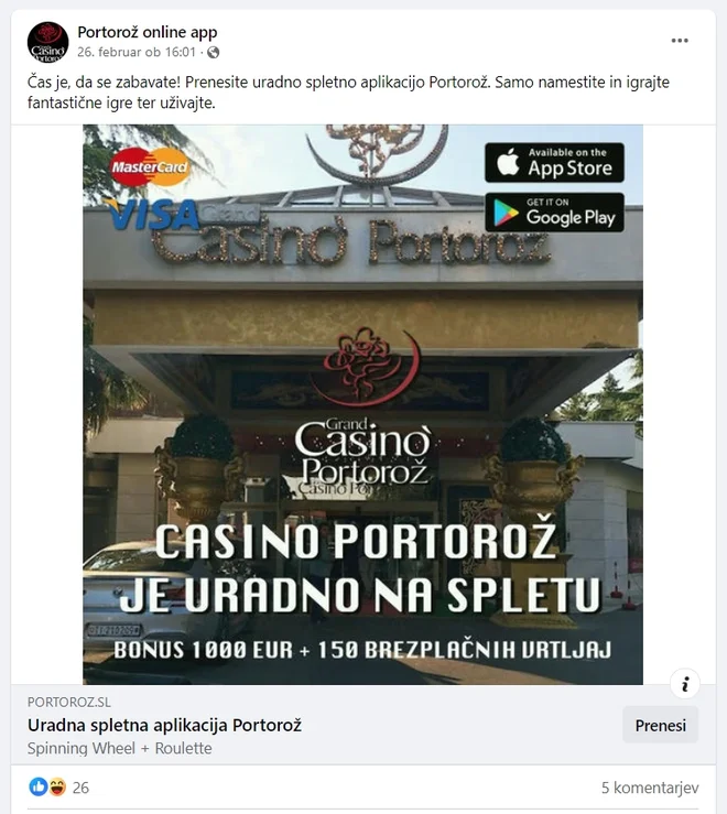 Na facebooku se predstavljajo kot aplikacija za portoroški casinò. FOTO: posnetek zaslona