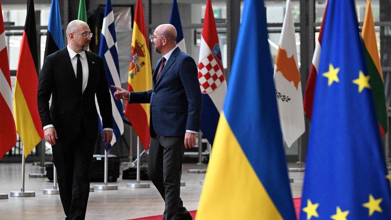 Fotografija: Predsednik evropskega sveta Charles Michel (desno) se je pred vrhom EU sestal z ukrajinskim predsednikom vlade Denisom Šmigalom.FOTO: John Thys/AFP