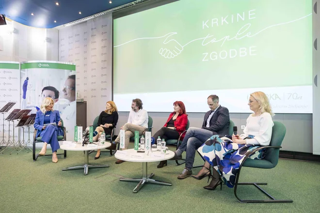 (Od leve) povezovalka okrogle mize Elvira Medved, Aneta Soltirovska Šalomon, Marko Pokorn, Nataša Marčun Varda, Jernej Dolinšek in Nina Kuhar. FOTO: Krka