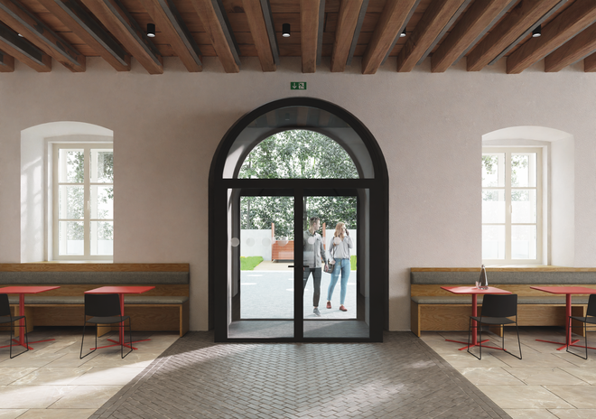 V spodnji etaži, ki bo odprta za širšo javnost tudi z brezalkoholno kavarno, bodo ohranili prvotni leseni in kamniti tlak. FOTO: Računalniški prikaz Scapelab