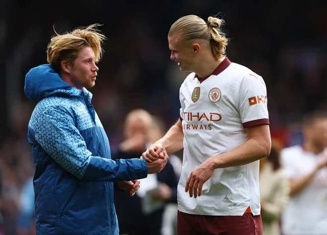 Brez Kevina de Bruyneja si tudi Erling Haaland težje ustvarja priložnosti pred golom. FOTO: Matthew Childs/Reuters