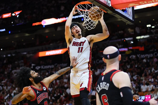 Miamijev branilec Jaime Jaquez Jr. se je izkazal z odlično predstavo proti Chicagu. FOTO: Sam Navarro/Usa Today Sports Via Reuters Con