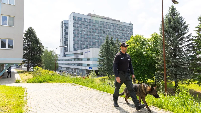Policisti pred bolnišnico, v kateri se zdravi slovaški predsednik vlade Robert Fico. FOTO: Antonio Bronic/Reuters