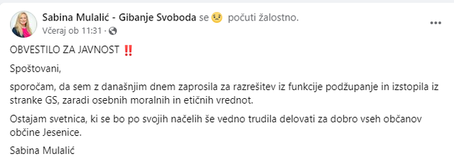 Objava nekdanje članice Gibanja Svoboda. FOTO: Facebook