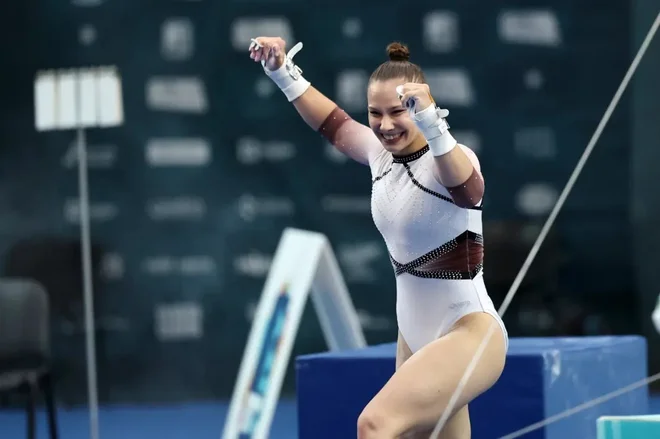 Lepo popotnica za naprej, je uspeh pospremila Lucija Hribar. FOTO: Aleš Fevžer/Facebook/Gimnastična Zveza Slovenije