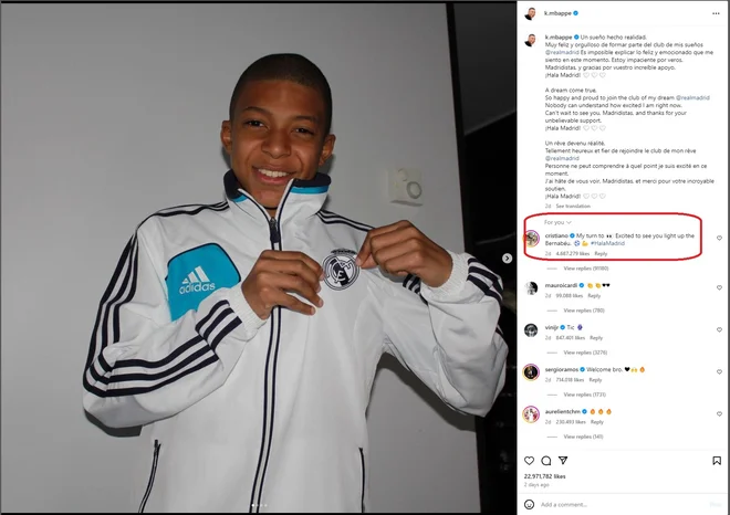 Objavo Kyliana Mbappeja je komentiral tudi Cristiano Ronaldo in »zažgal« instagram. FOTO: Zajem zaslona
