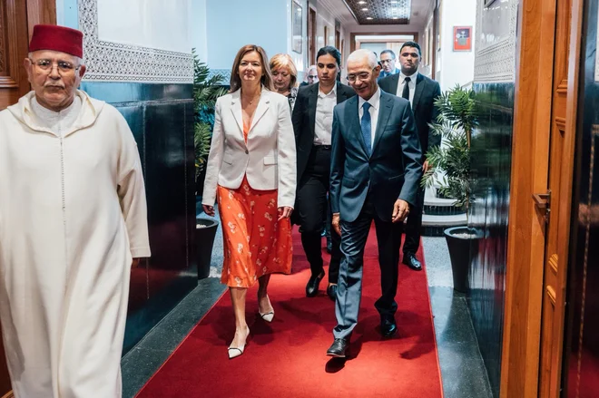Ministrica za zunanje zadeve Tanja Fajon se je v Rabatu sestala tudi s predsednikom predstavniškega doma maroškega parlamenta Rachidom Alamijem. FOTO: Omrežje X