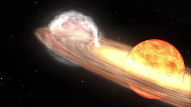Pogoj za novo je dvozvezdje, ko manjša bela pritlikavka krade material v primeru T CrB z večje rdeče orjakinje. FOTO: Nasa/Goddard