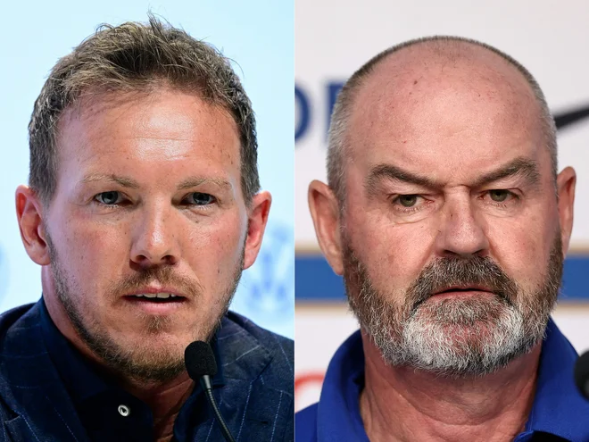Nemški selektor Julian Nagelsmann in škotski Steve Clark natanko dobro vesta, kdo je v prvi tekmi evropskega prvenstva velik favorit. FOTO: John Macdougall/AFP