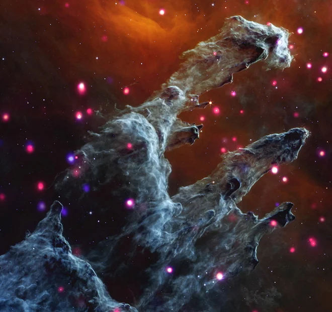 Ena najbolj znanih vesoljskih podob: stebri stvarjenja, ki jih je posnel vesoljski teleskop James Webb. FOTO: Esa, Nasa/Reuters