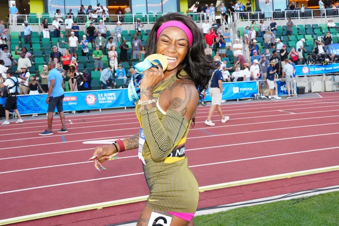 Sha'Carri Richardson ni skrivala navdušenja po zmagi v teku na 100 metrov. FOTO: Kirby Lee/Usa Today Sports