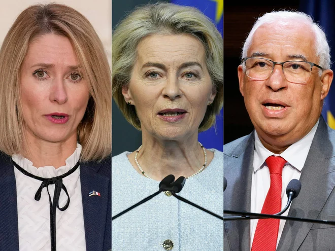Prihodnje vodstvo EU: Estonka Kaja Kallas, Nemka Ursula von der Leyen in Portugalec António Costa, FOTO: Christophe Ena/AFP