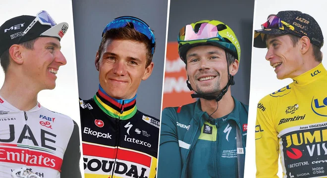 Tadej Pogačar, Remco Evenepoel, Primož Roglič in Jonas Vingegaard. Foto Reuters.