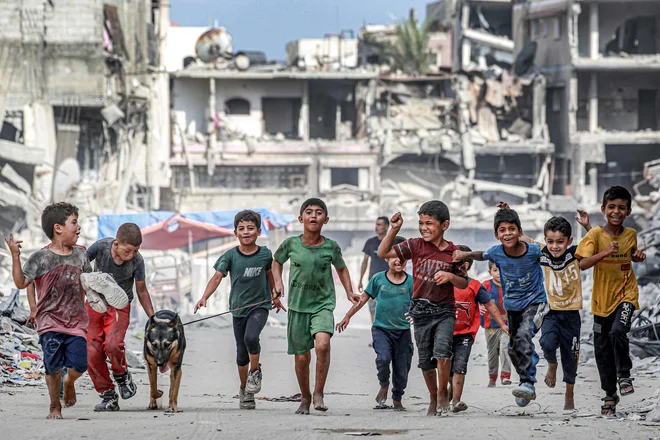 Palestinski otroci v Han Junisu, do tal porušenem jugozahodnem predelu Gaze, sprehajajo psa. FOTO: Bašar Taleb/AFP