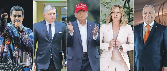 Nicolás Maduro, Robert Fico, Donald Trump, Giorgia Meloni in  Viktor Orbán potrjujejo, da težave z vladavino prava niso samo problem vzhodne Evrope. FOTO: Reuters, Afp