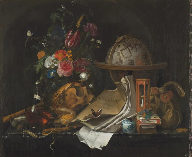 Motivika vanitas (nečimrnost), ki opozarja na minljivost vsega tuzemskega, je bila posebej priljubljena v Evropi 16. in 17. stoletja. Na fotografiji delo Vanitas tihožitje (1668) slikarke Marie van Oosterwijck. FOTO: Maria Van Oosterwijck
