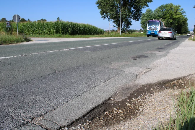 Na zasavski cesti med Beričevim in Brinjem so dobro vidne mrežaste razpoke, razgraditve in odkruški vozišča. FOTO: Bojan Rajšek/Delo