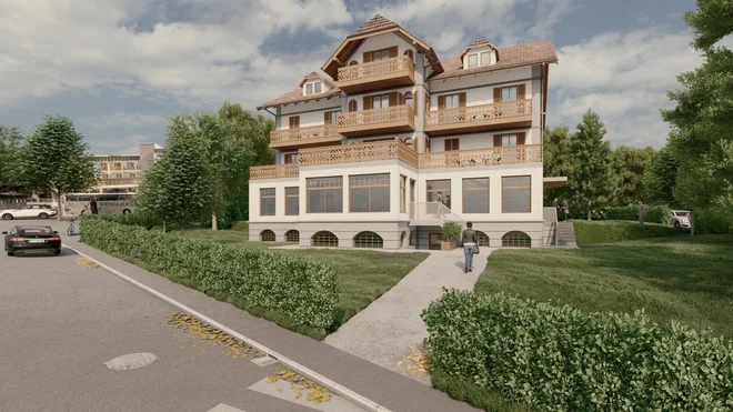 Vovkov penzion naj bi se zbudil prenovljen leta 2026 kot butični hotel s štirimi zvezdicami in prvotno podobo. Tako bo videti s Prešernove ceste. Računalniški prikaz biro Muro