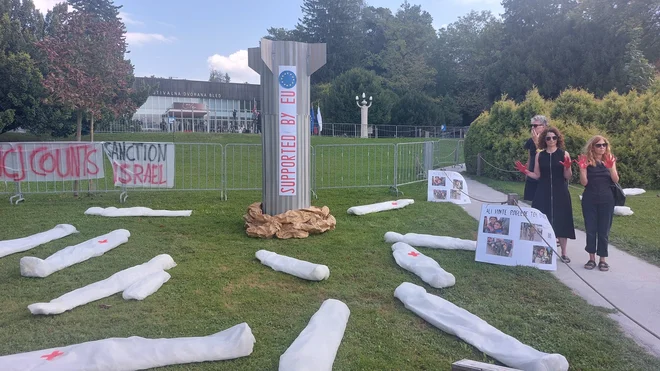 Protestniki so poudarili, da Izrael v Gazi že 332 dni izvaja genocid. FOTO: Blaž Samec/Delo