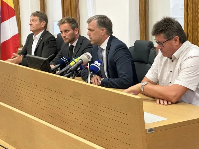 Župani občine Črnomelj Andrej Kavšek, podžupan občine Kočevje Gregor Košir, župan MO Novo Mesto Gregor Macedoni in župan občine Brežice Ivan Molan. FOTO: Aleš Kocjan/STA