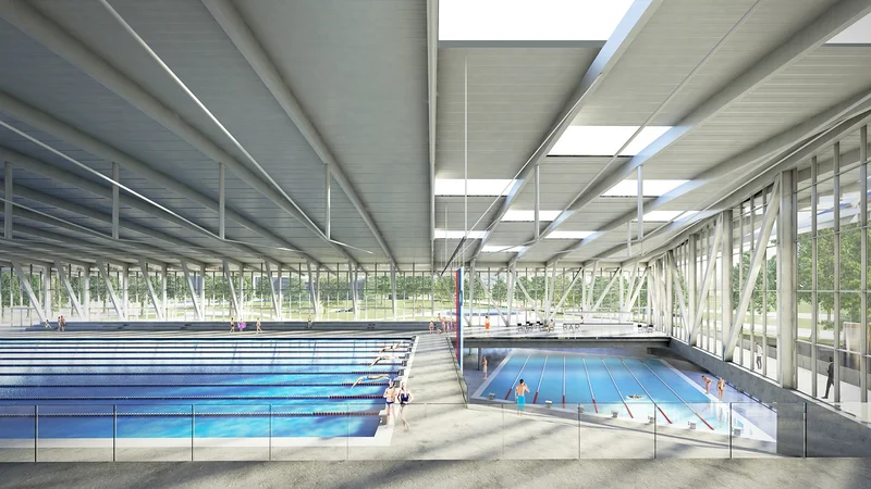 Kopališče Ilirija bo pokrito, v njem pa bosta 50-metrski olimpijski in 25-metrski bazen za treninge. RAČUNALNIŠKI PRIKAZ: Lorenz Ateliers
