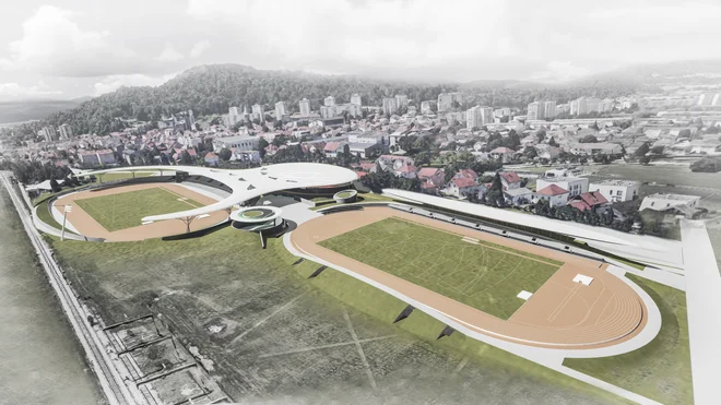 V Šiški bodo zgradili glavni atletski stadion z atletsko dvorano in skupnimi prostori, pomožni stadion s podzemno garažo in dvorano za mete, uredili pa bodo tudi zelene površine. RAČUNALNIŠKI PRIKAZ: Fin Ars