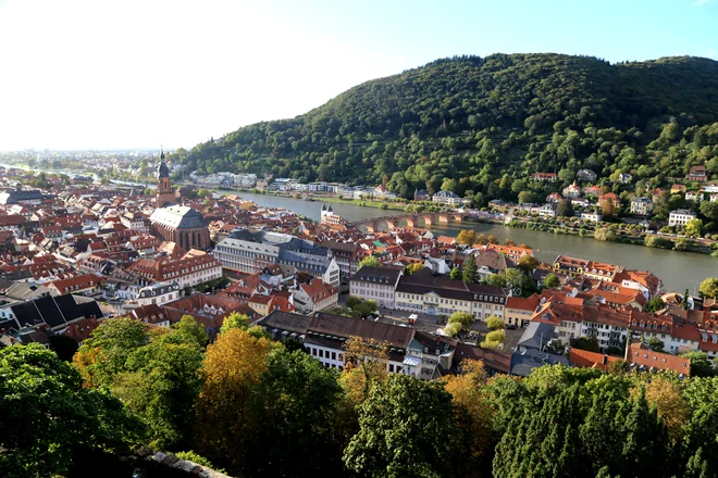 Pogled s Heidelberškega dvorca na staro mestno jedro s cerkvijo sv. Duha in Starim mostom FOTO: Milan Ilić