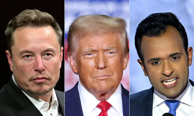 Elon Musk, Donald Trump in Vivek Ramaswamy. FOTO: Alain Jocard/AFP