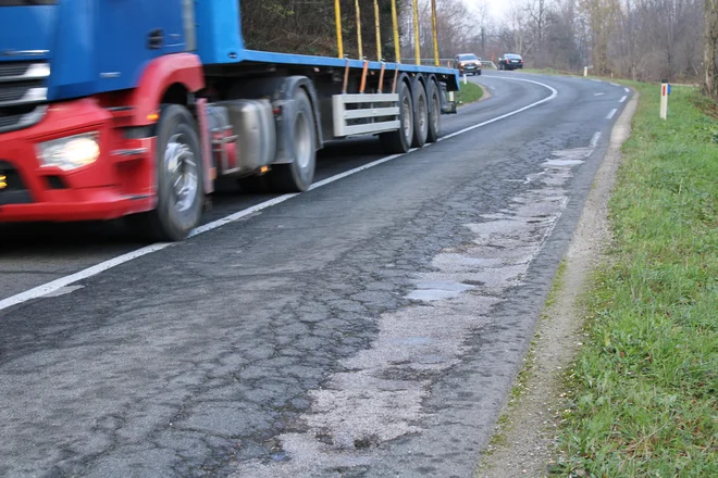 Dotrajana državna cesta med Veliko Račno in Velikim Mlačevim je nevarna za ljudi in tudi za žabe. FOTO: Bojan Rajšek/Delo