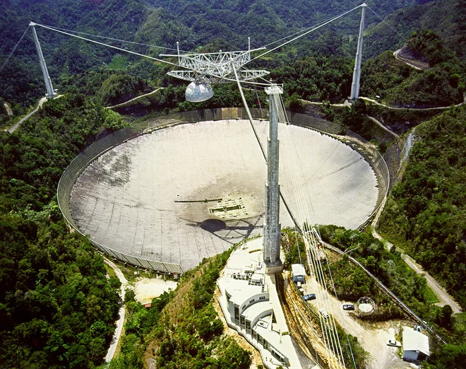 Observatorija Arecibo v Portoriku ni več, sporočilo od tam pa še vedno potuje po vesolju. FOTO: NAIC/AFP