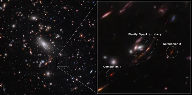Na sliki je kot lok vidna galaksija Firefly Sparkle ali Roj kresničk s spremljevalnima galaksijama. FOTO: Nasa, Esa, CSA
