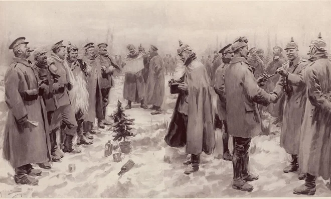 Decembra 1914, nekaj mesecev po izbruhu prve svetovne vojne, je na zahodni fronti zavladalo božično premirje. ILUSTRACIJA: Arthur Cadwgan Michael, Illustrated London News/Wikipedia