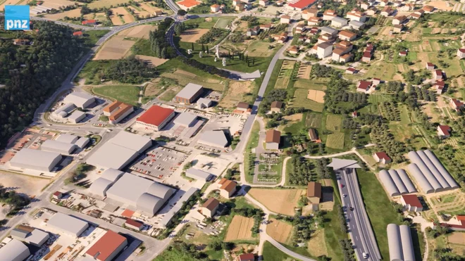 Tu je videti prihod nove ceste v lucijsko obrtno cono in njen vkop pod Liminjansko cesto ter v zgornjem delu novo krožišče pri dveh lucijskih teniških igriščih. Foto PNZ Ljubljana