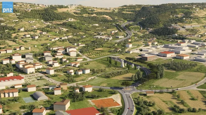 Tako so videti daleč pod hribom načrtovan izhod predora Lucan, vkopani del nove hitre ceste pod Liminjansko in krožišče pri teniških igriščih v lucijski obrtni coni, nedaleč od šole. Foto PNZ Ljubljana