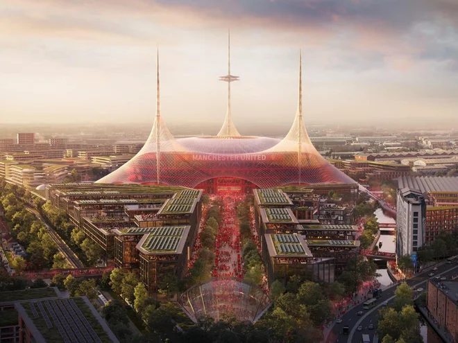 Idejna zasnova nove podobe štadiona Old Trafford, med nogometnimi navijači znanega kot gledališče sanj. Foto Foster + Partners