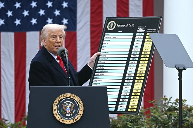 Trump je pokazal seznam kazenskih carin na tuji izvoz v ZDA. FOTO: Brendan Smialowski/AFP