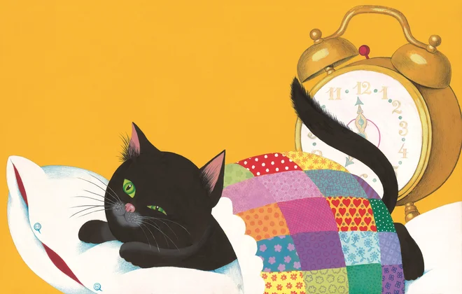 Le kdo ne pozna verzov, s katerimi se začne nov mačji dan: Ko zapoje zvonček v uri, prebudi se maček Muri ... Ilustracija Jelka Reichman
