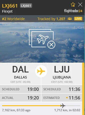 Dončić bo prispel v Ljubljano nekaj pred poldnevom. FOTO: Flightradar24/Posnetek zaslona