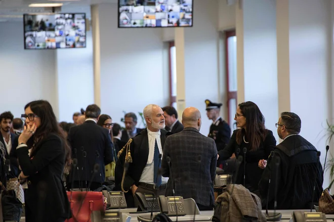 Lawyers wait for the reading of the verdict during the maxi mafia "Scott Rebirth" trial, in Lamezia Terme on november 20, 2023. Hundreds of alleged mobsters will be sentenced on November 20, 2023 by the Italian court, the culmination of a historic, nearly three-year trial against Calabria's notorious "Ndrangheta" mafia. (Photo by Gianluca CHININEA/AFP) Foto Gianluca Chininea Afp