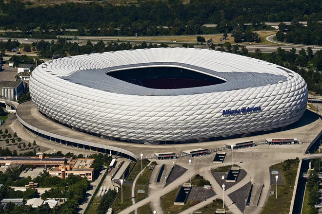 Pogled na Allianz Areno iz zraka. FOTO: Tobias Schwarz/AFP