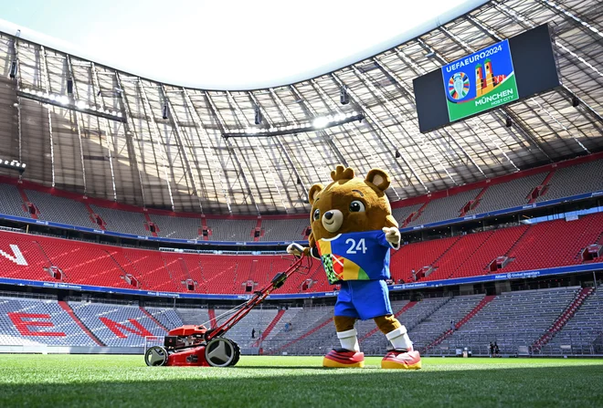 Maskota lanskega eura, medvedek Albart, na zelenici Allianz Arene FOTO: Angelika Warmuth/Reuters
