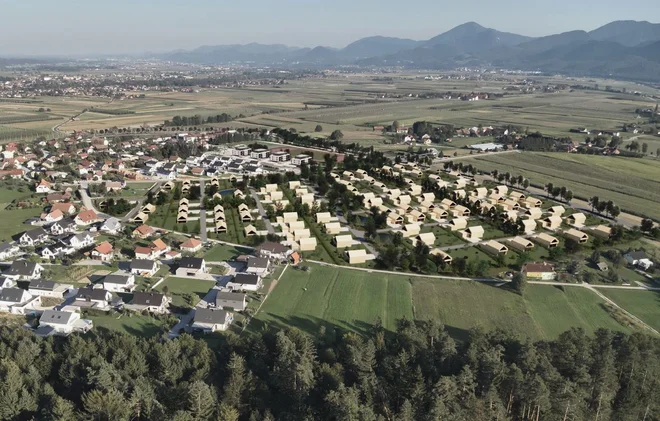 Tako bi bilo videti novo naselje v Rakovljah v občini Braslovče, če bi na novih 98 parcelah zrasle vse hiše. FOTOMONTAŽA: Urbanisti, d. o. o., arhiv občine Braslovče